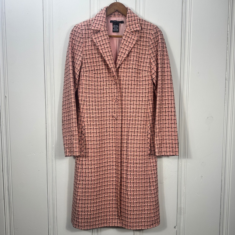 Laundry Shelli Segal Tweed Coat Womens 8 Pink Good Plaid Longline Button Front